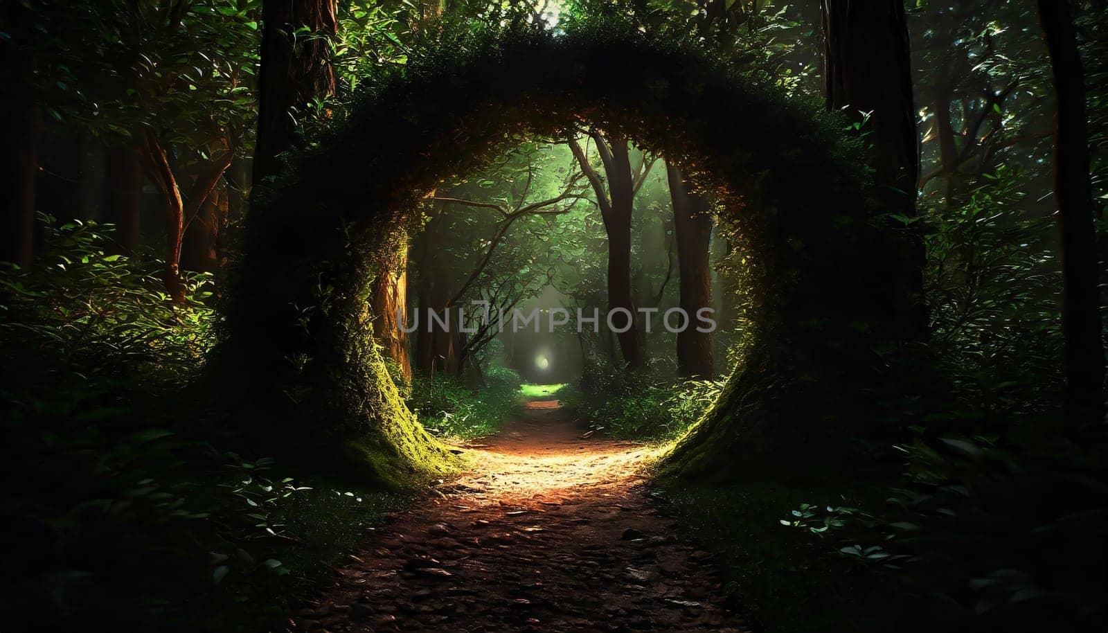 Round stone portal gate in the forest, an abandoned temple. Path made of stones in the forest, gateway in jungle