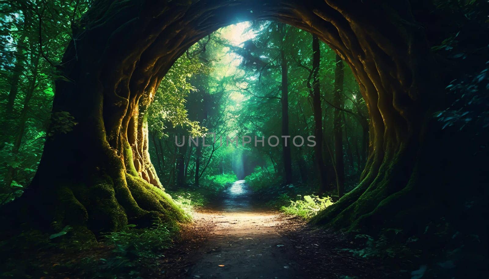 Round stone portal gate in the forest, an abandoned temple. Path made of stones in the forest, gateway in jungle