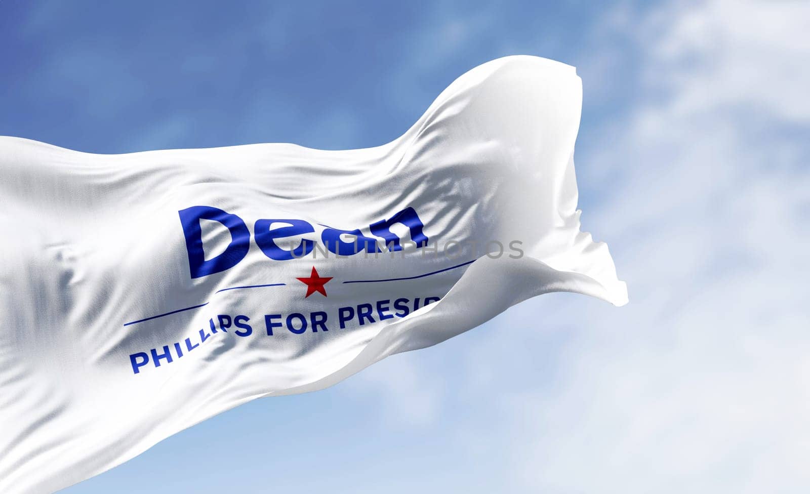 Excelsior, US, OCT. 27 2023: Dean Phillips election campaign flag waving on a clear day. 2024 US presidential election. Illustrative editorial 3d illustration render