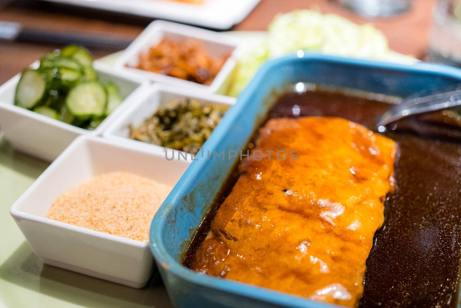 Asian cuisine with braised pork belly
