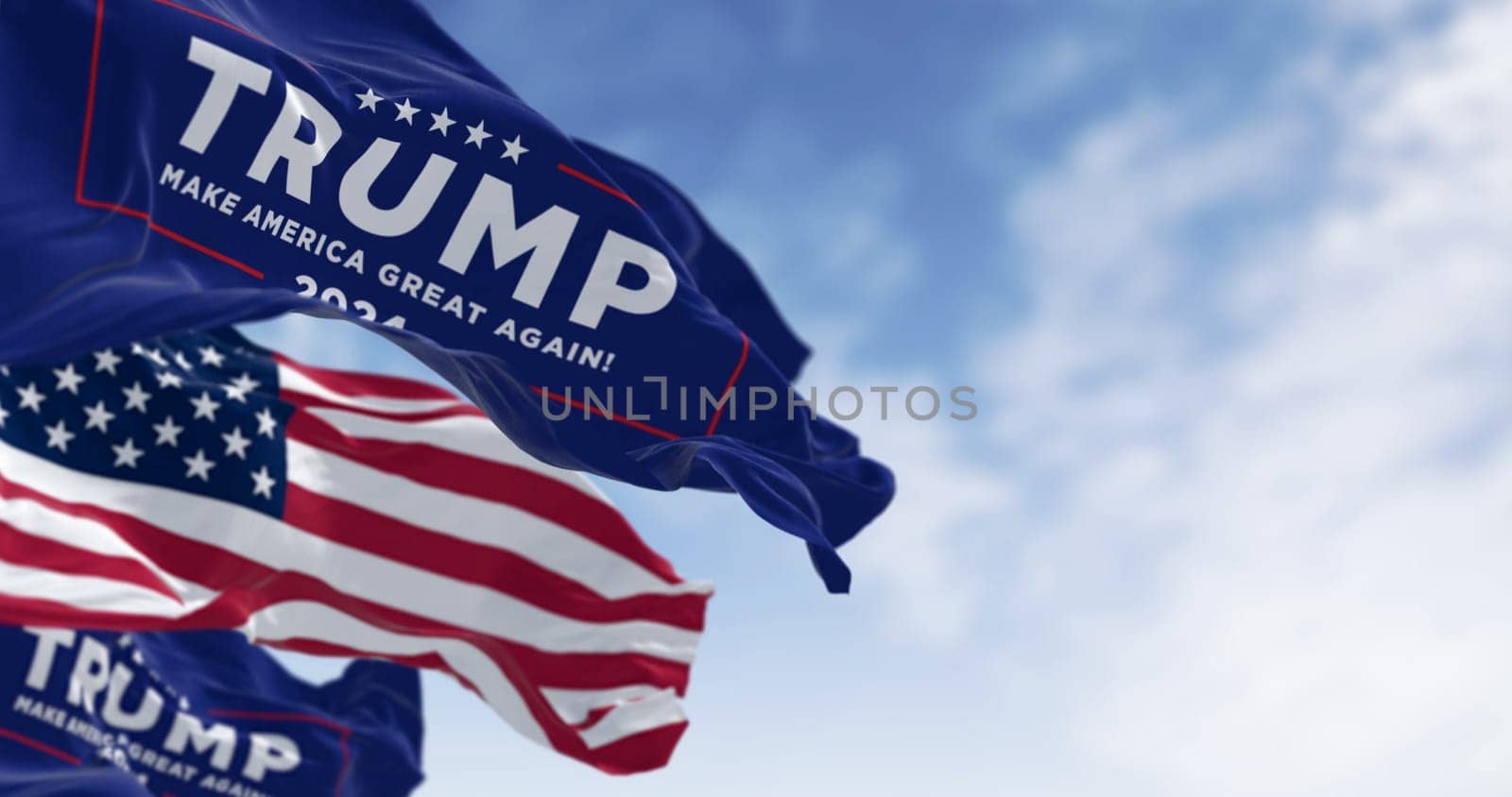 Arlington, US, oct. 22 2023: Donald Trump 2024 presidential campaign flag waving with american flag waving together. 2024 US presidential election. Illustrative editorial 3d illustration render