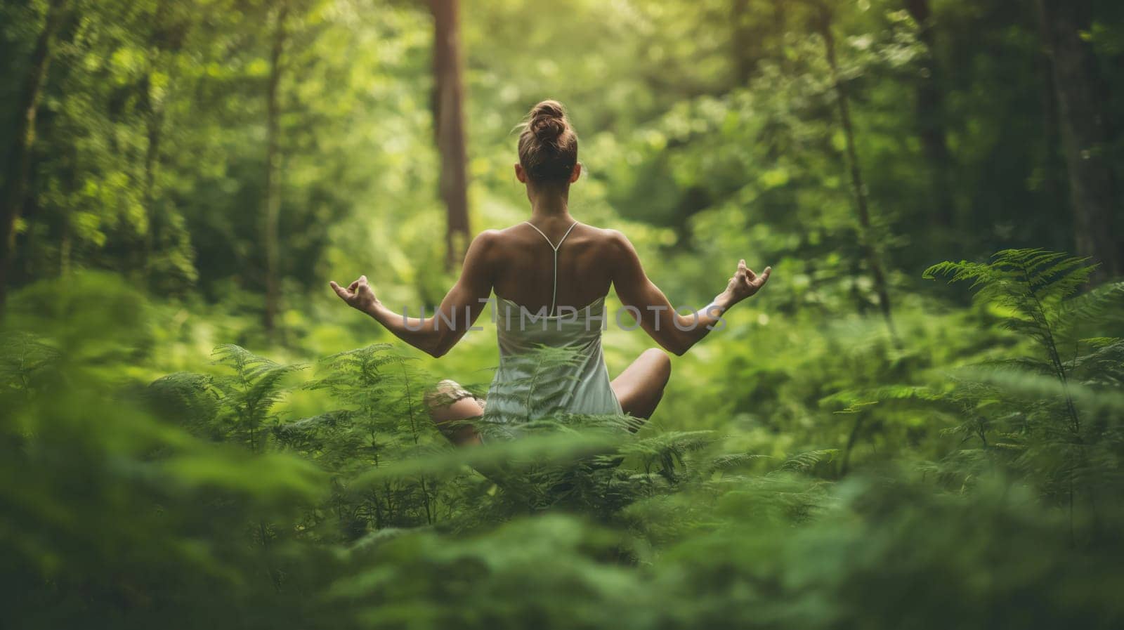 Young girl does yoga in the forest. Generative AI image