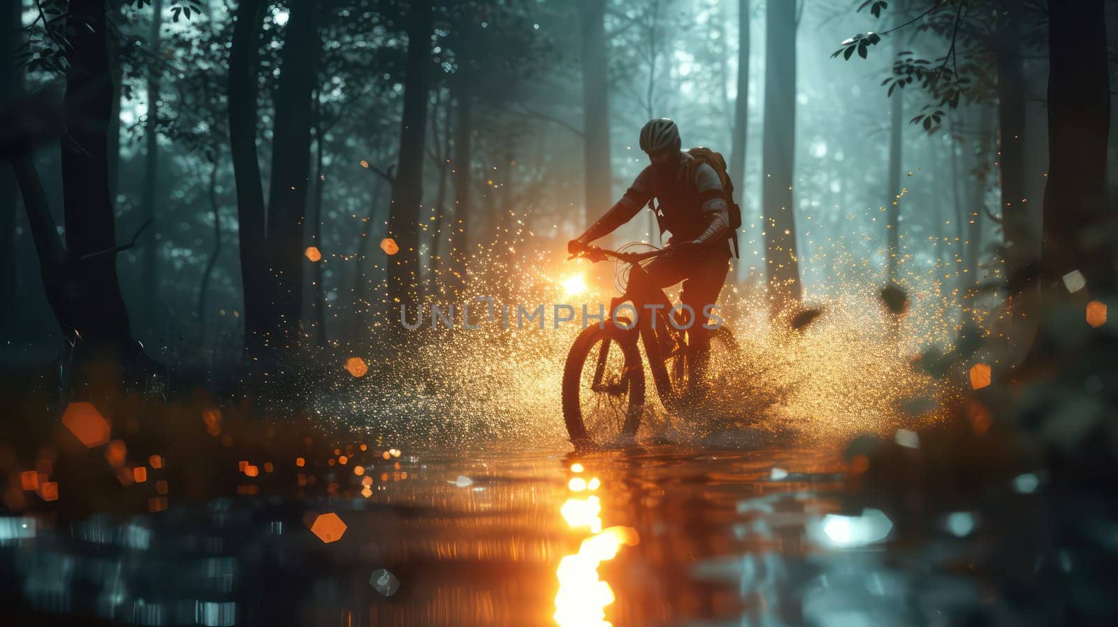 Bike racer in a helmet in the forest. Generative AI image