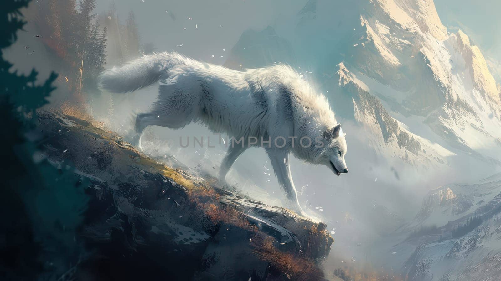 White wolf on the background of winter mountains. Generative AI illustration