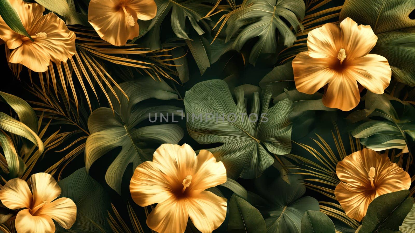 Monstera green leaves and golden flowers. Generative AI drawing