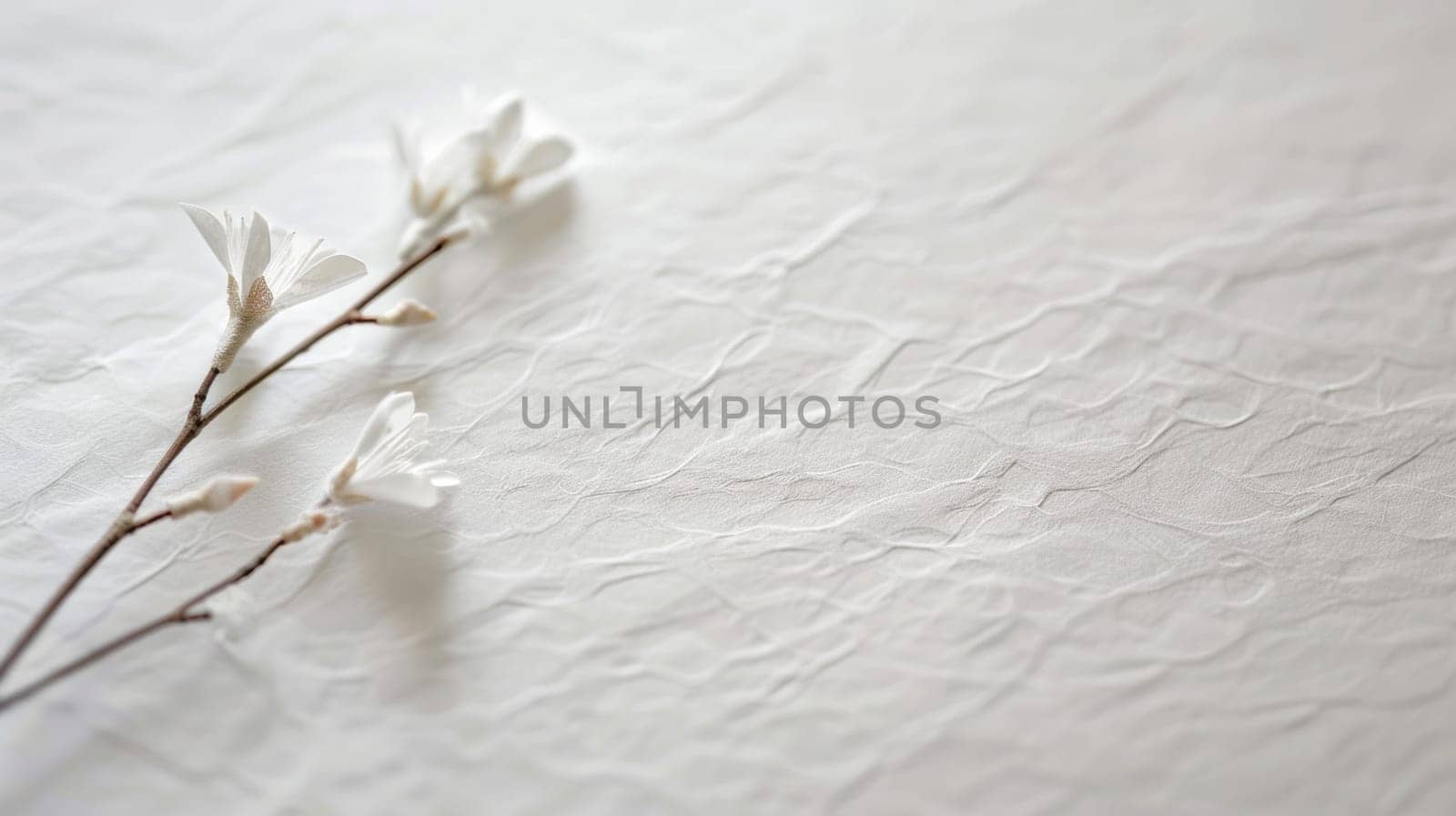 Close up of white washi paper with spring flowers. Created using AI generated technology and image editing software.