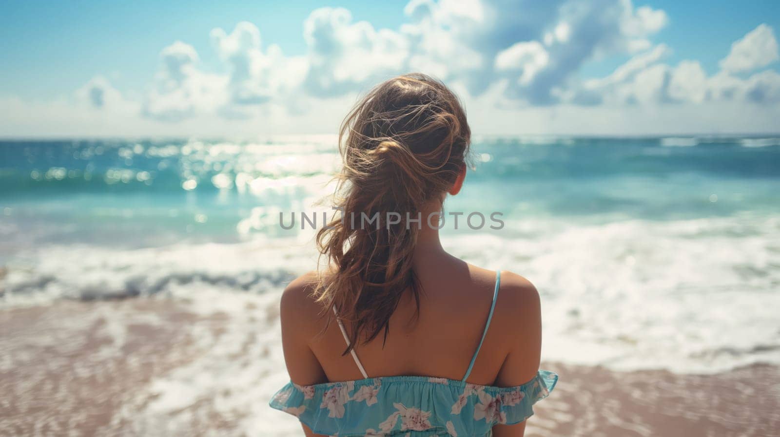 Back view of a girl on the seashore. Generative AI image