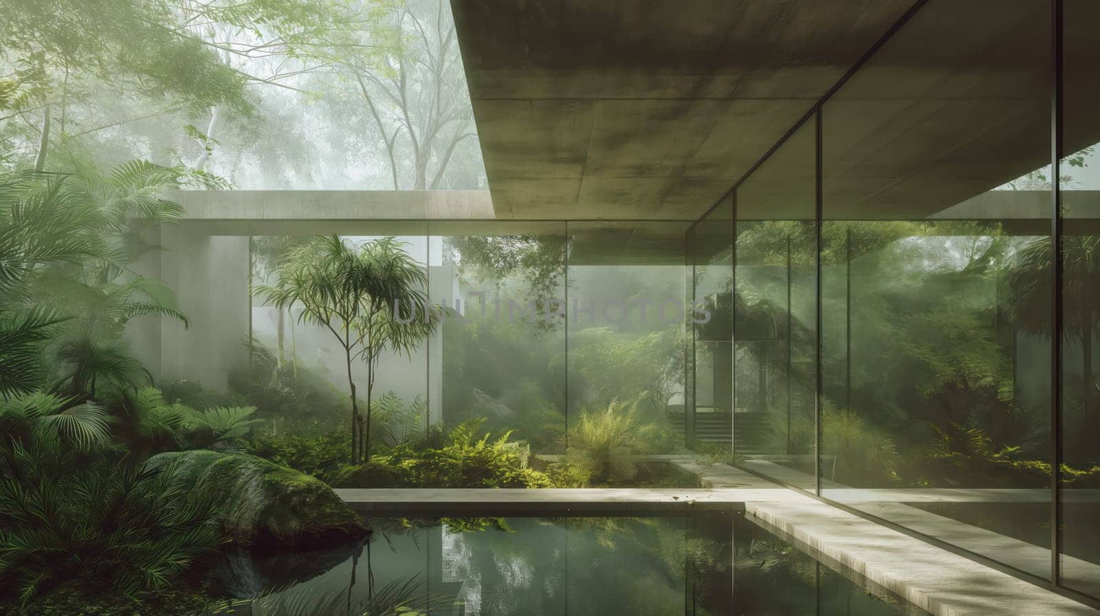 Concrete modern loft interior with tropical plants. Generative AI image