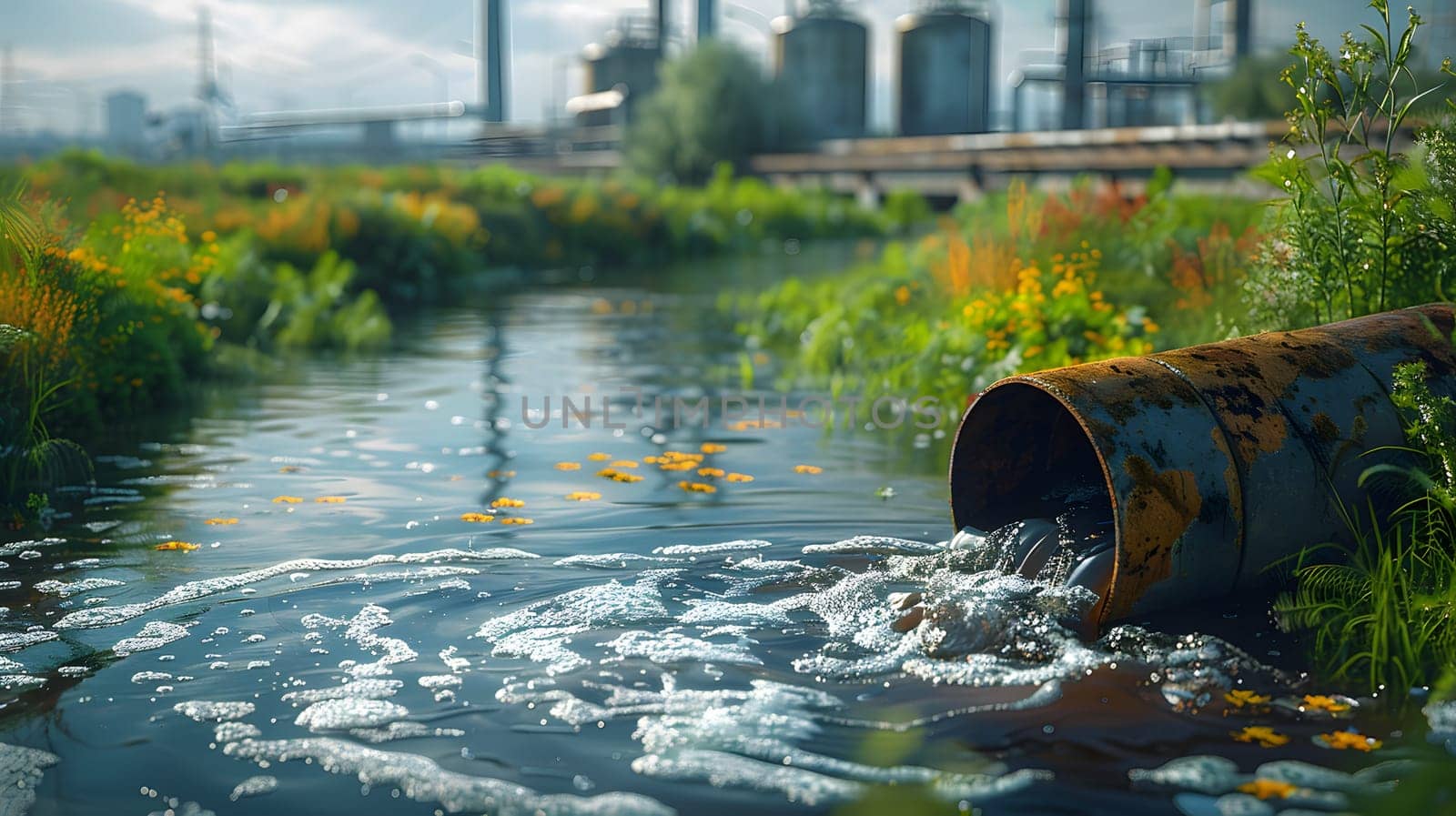 Wastewater pipes from industrial plants which is a large pipe made of metal. The wastewater flowing from the pipe is black and cloudy. Used to campaign to make people aware of environmental problems.