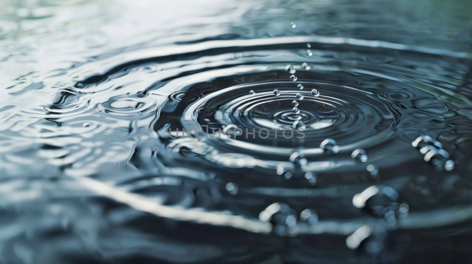 Droplet on tranquil water surface. Created using AI generated technology and image editing software.