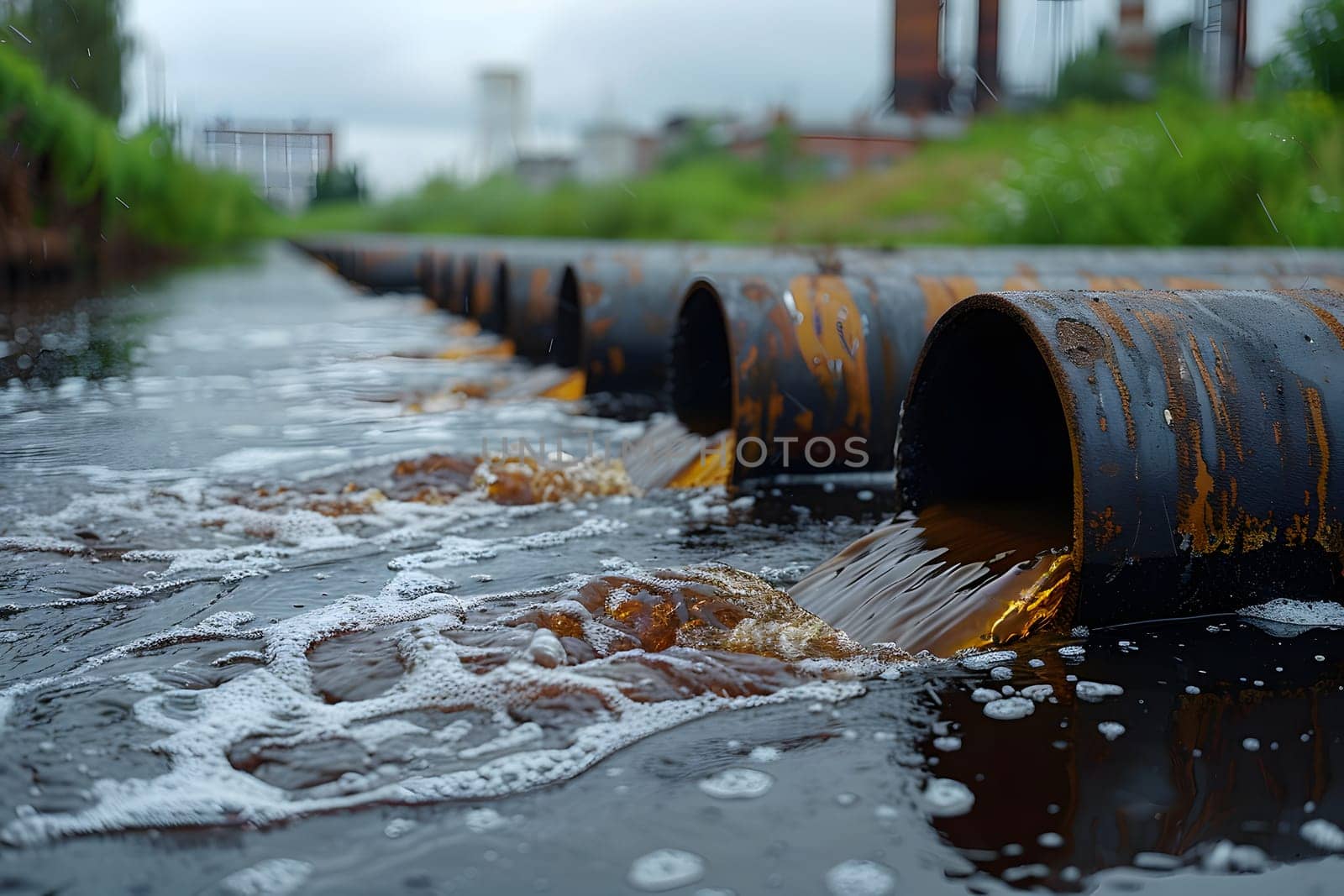 Wastewater pipes from industrial plants which is a large pipe made of metal. The wastewater flowing from the pipe is black and cloudy. Used to campaign to make people aware of environmental problems.