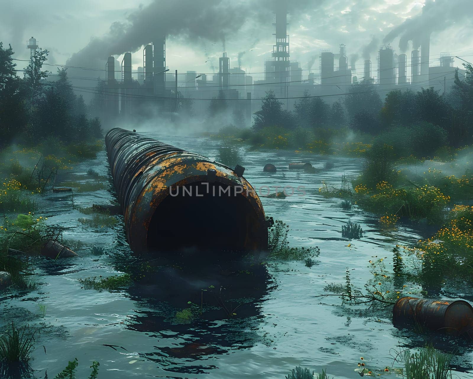 Wastewater pipes from industrial plants which is a large pipe made of metal. The wastewater flowing from the pipe is black and cloudy. Used to campaign to make people aware of environmental problems.