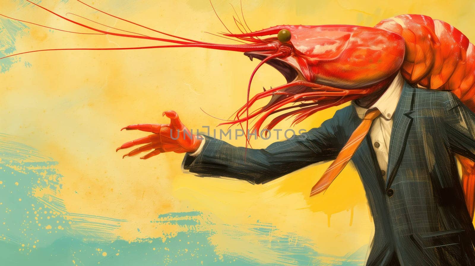 Shrimp in a business suit grunge drawing. Generative AI design