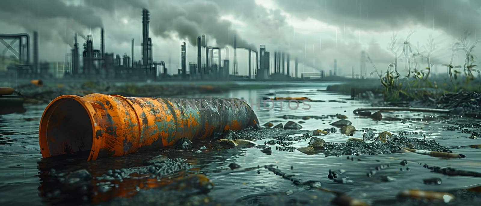 Wastewater pipes from industrial plants which is a large pipe made of metal. The wastewater flowing from the pipe is black and cloudy. Used to campaign to make people aware of environmental problems.