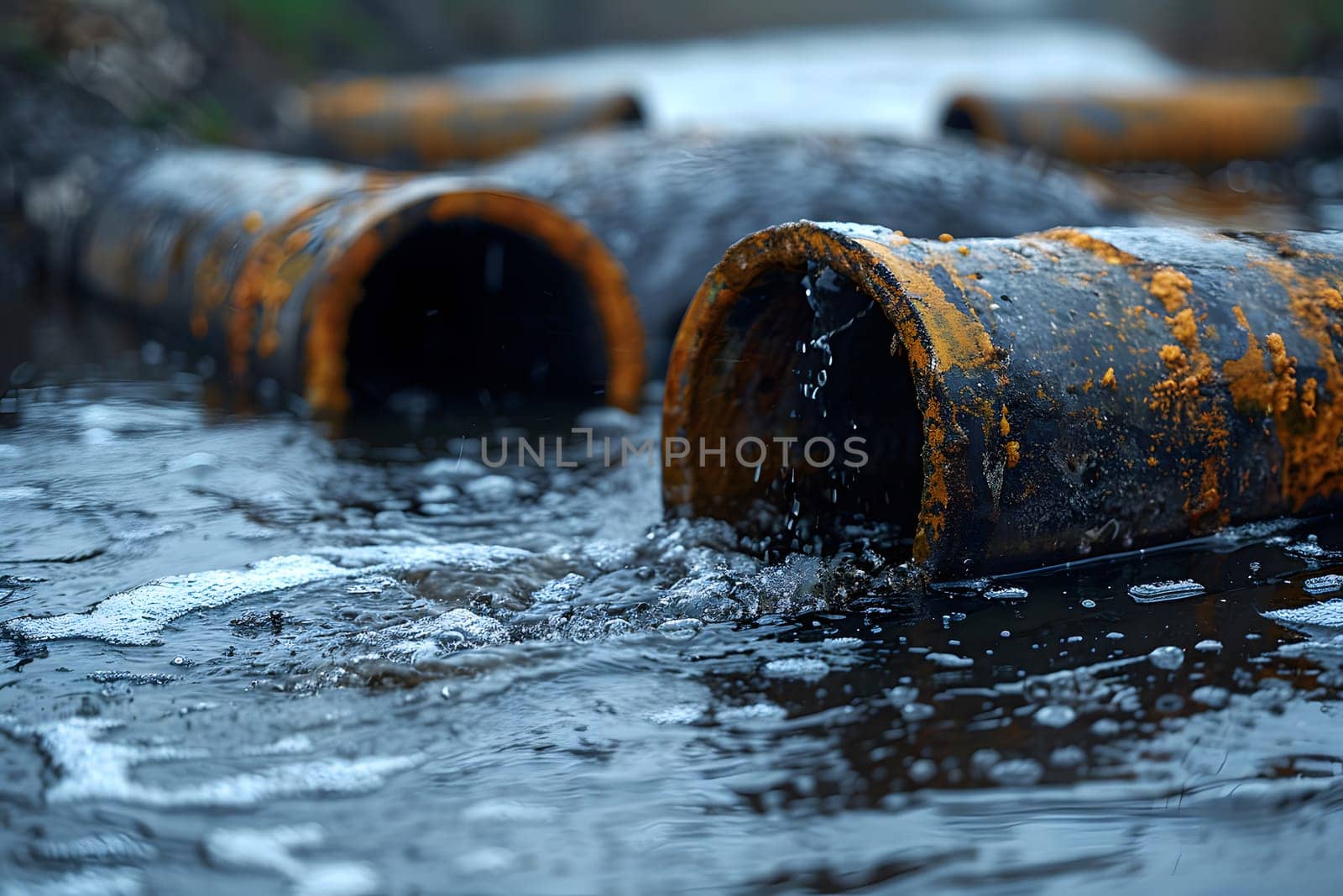 Wastewater pipes from industrial plants which is a large pipe made of metal. The wastewater flowing from the pipe is black and cloudy. Used to campaign to make people aware of environmental problems.