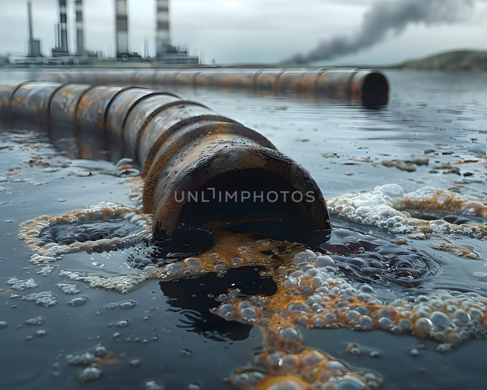Wastewater pipes from industrial plants which is a large pipe made of metal. The wastewater flowing from the pipe is black and cloudy. Used to campaign to make people aware of environmental problems.