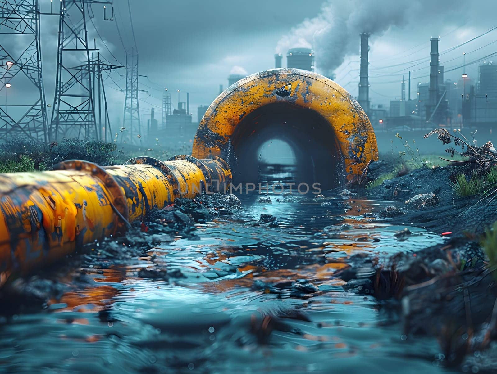 Wastewater pipes from industrial plants which is a large pipe made of metal. The wastewater flowing from the pipe is black and cloudy. Used to campaign to make people aware of environmental problems.