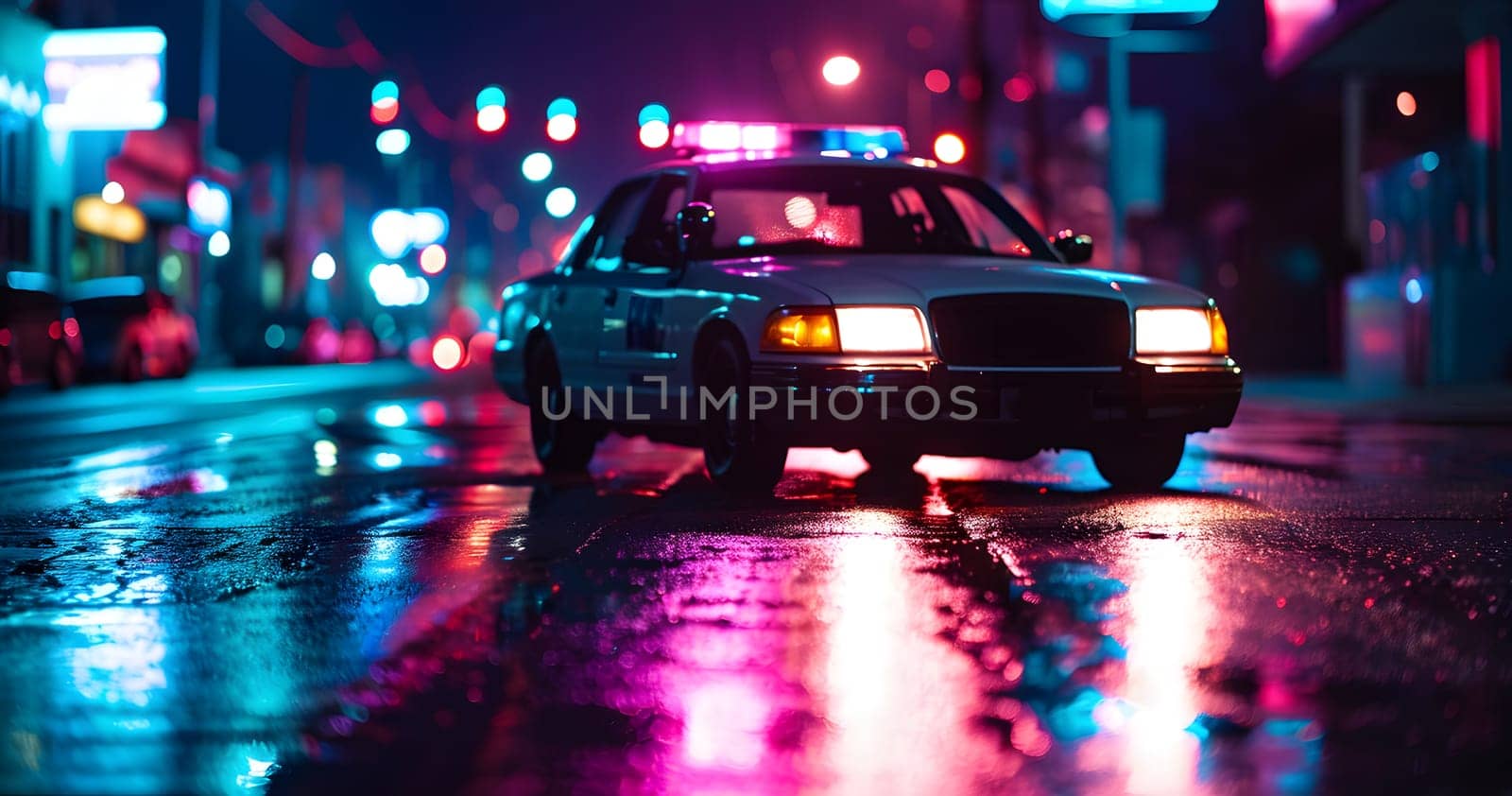 Police car with flashing lights at night in city street, low angle view. Neural network generated image. Not based on any actual person or scene.