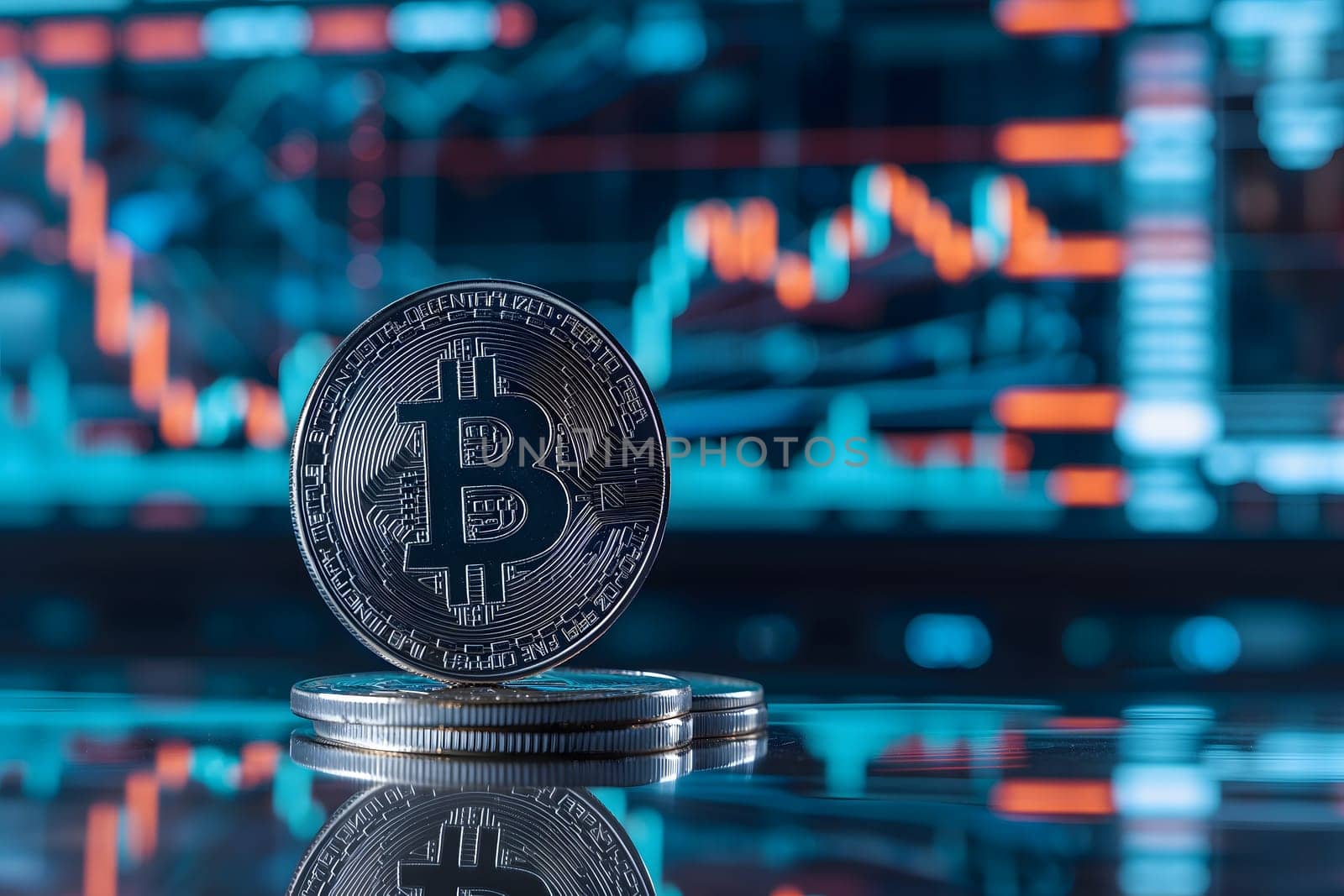 Bitcoin shiner in front of blurry trading charts screen. Dark appearance. Neural network generated image. Not based on any actual scene or pattern.
