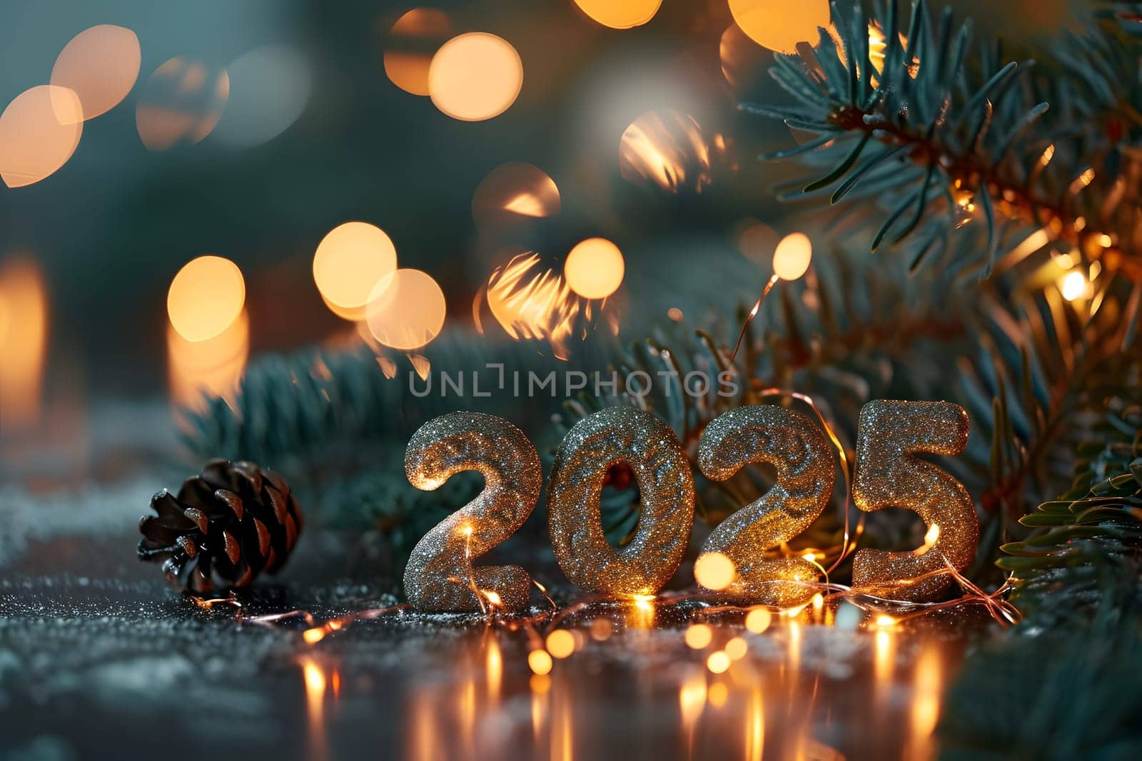 Digits 2025 surrounded with Christmas decorations for new year celebration. Neural network generated image. Not based on any actual person or scene.