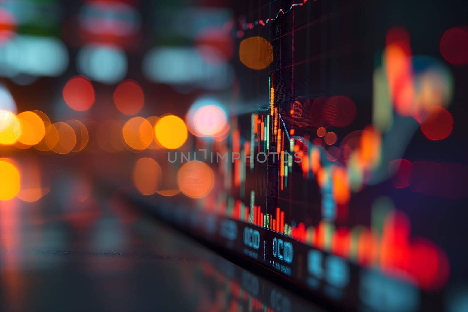 Investing and Trading: Digital Charts and Graphs Reflect modern Market Volatility. Neural network generated image. Not based on any actual scene or pattern.