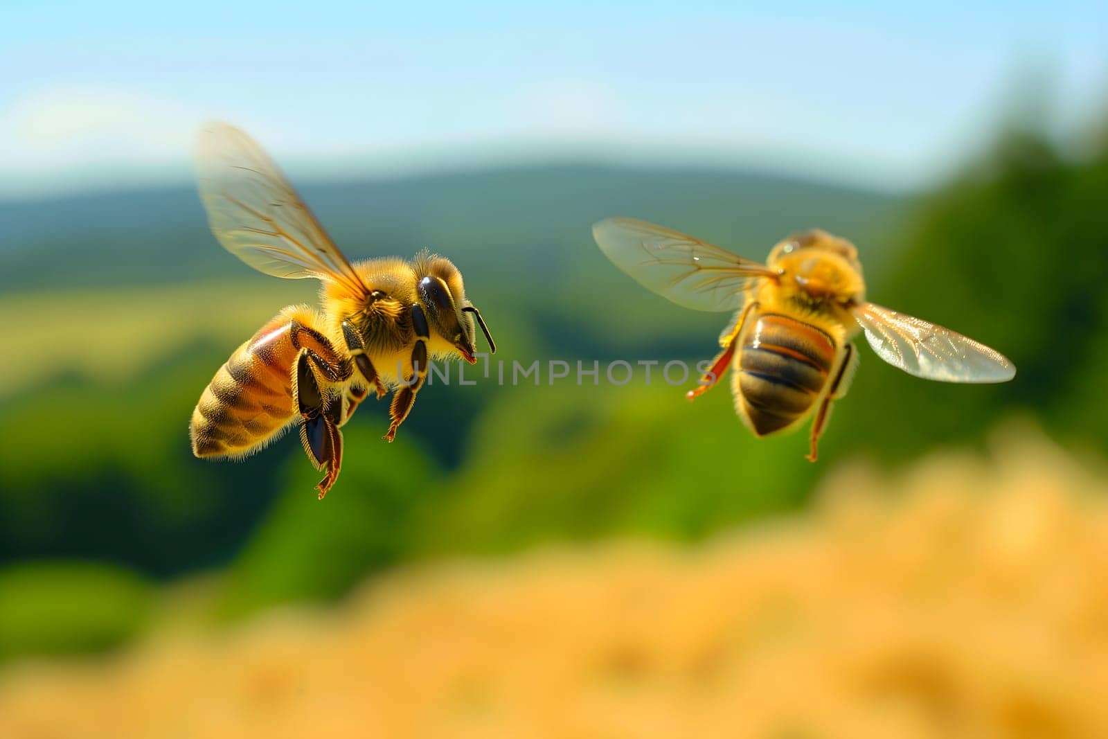 Two honeybees above field at sunny summer day. Neural network generated image. Not based on any actual scene or pattern.