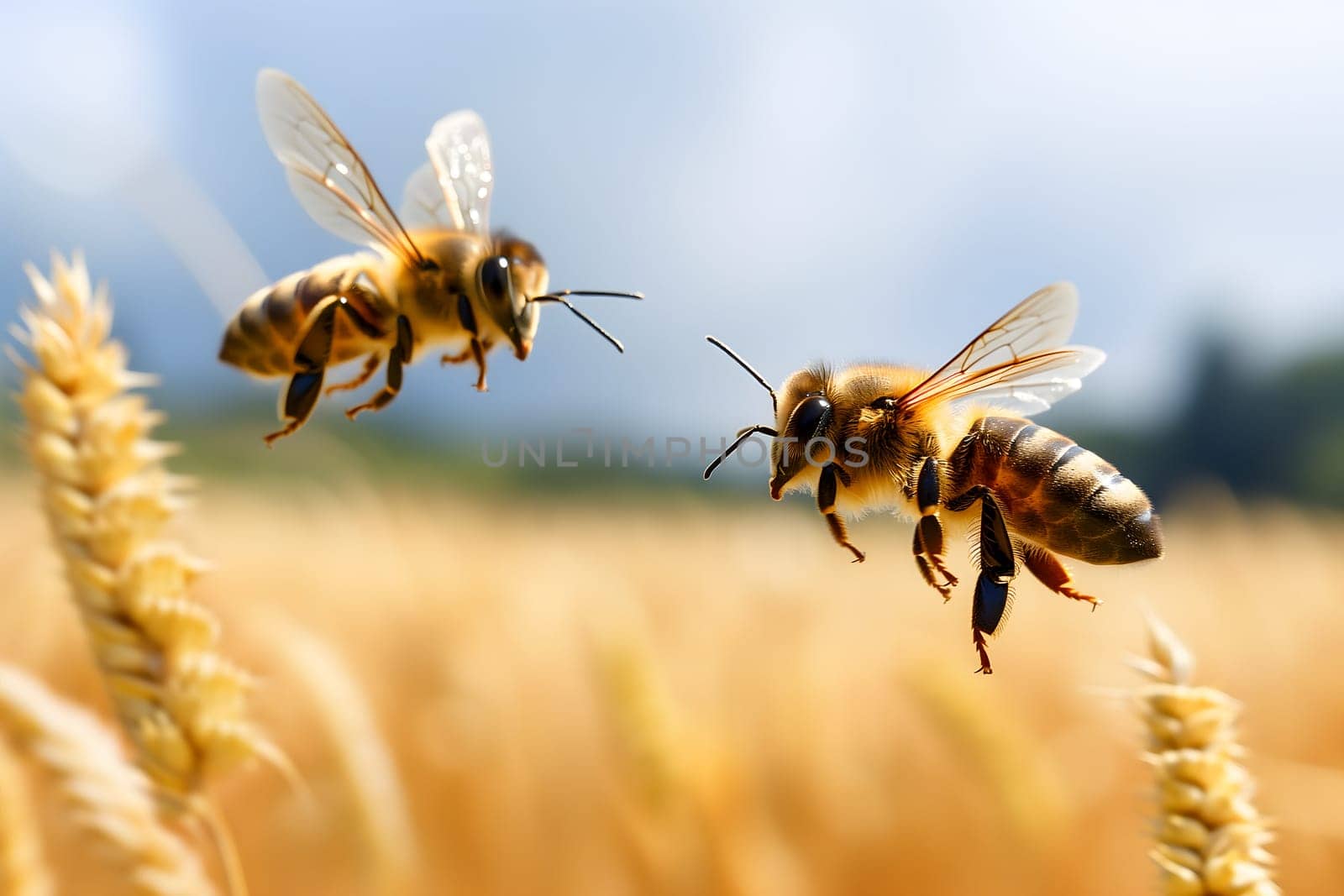 Two honeybees above field at sunny summer day. Neural network generated image. Not based on any actual scene or pattern.