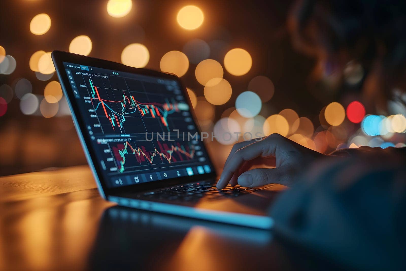 Laptop with human hands typing and stock market trading charts on the screen with night lights bokeh in the background. Neural network generated image. Not based on any actual scene or pattern.