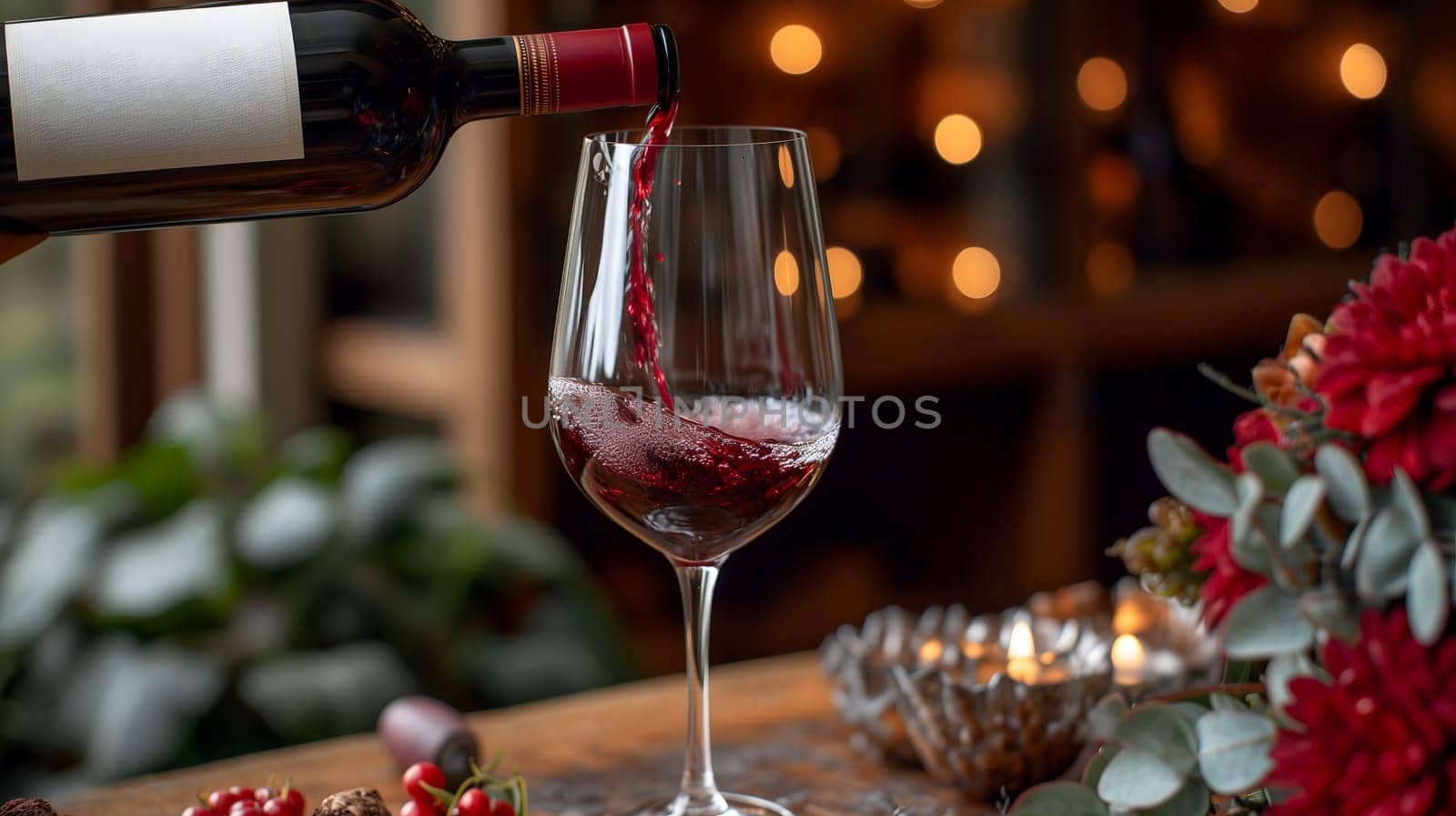 A wine bottle, with its elegant shape and deep red liquid inside, is being poured into a crystal glass, ready to be enjoyed during a romantic dinner. Neural network generated image. Not based on any actual scene or pattern.