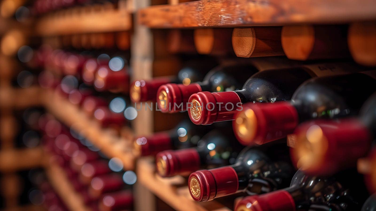 Wooden wine racks in a luxury cellar, closeup with selective focus. Neural network generated image. Not based on any actual scene or pattern.