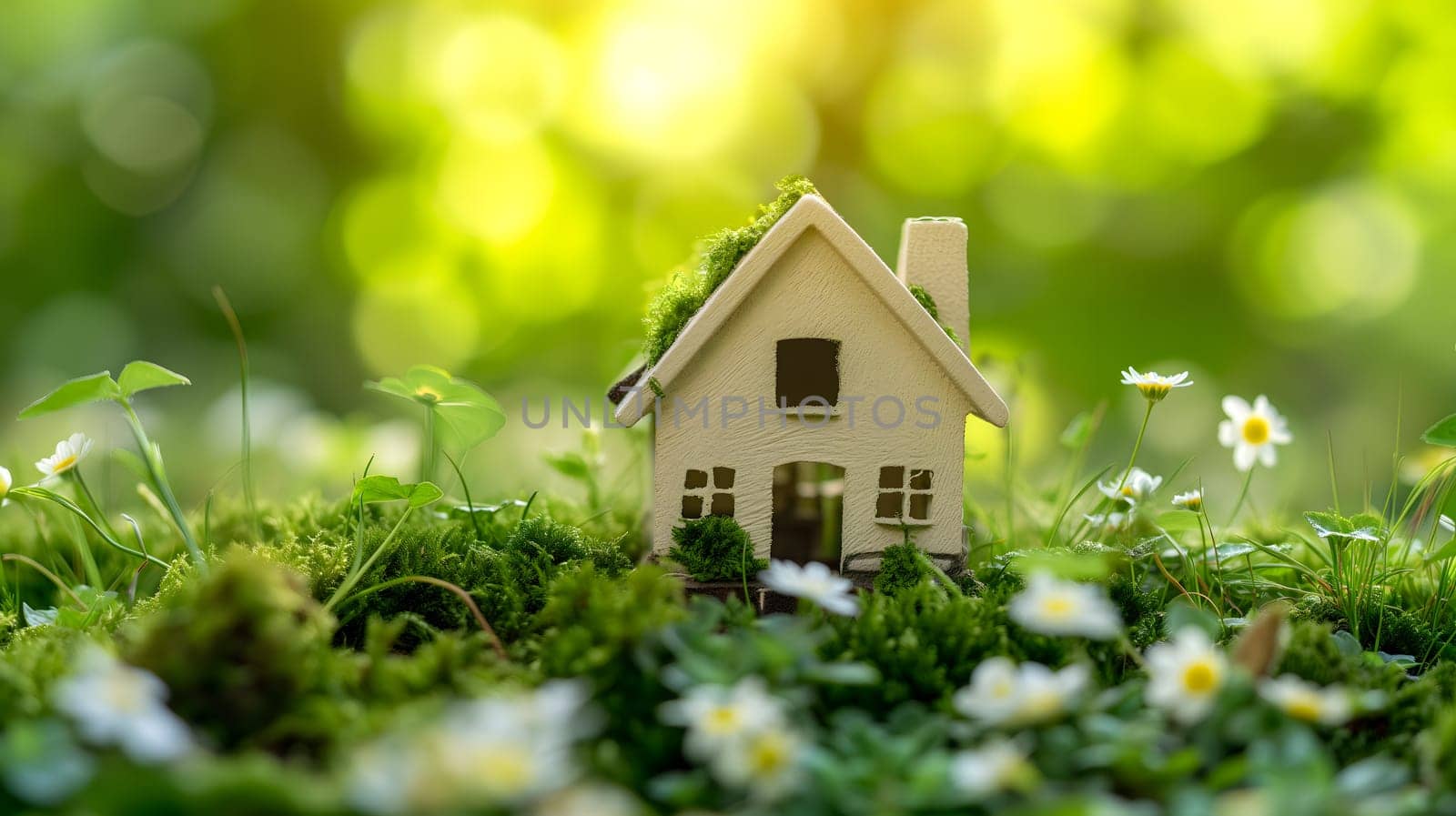 Spring background with a tiny toy house symbolizing family mortgage construction rental and property concepts. Neural network generated image. Not based on any actual person or scene.