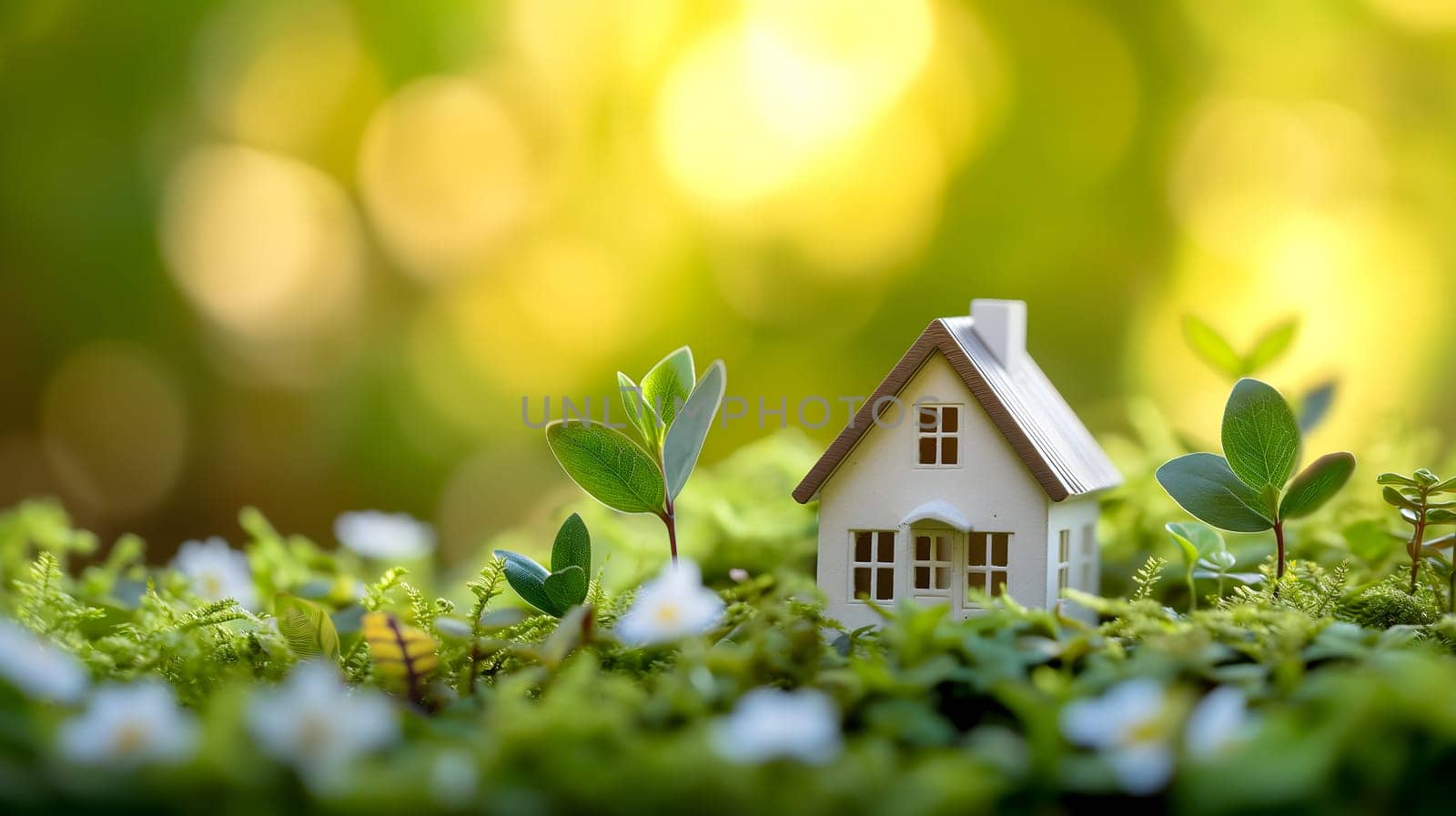 Spring background with a tiny toy house symbolizing family mortgage construction rental and property concepts. Neural network generated image. Not based on any actual person or scene.
