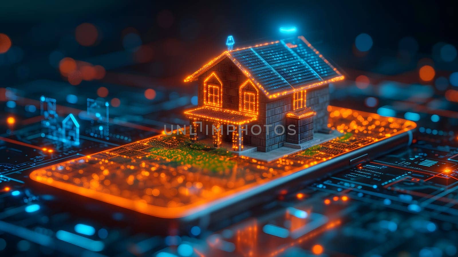 house hologram over cellphone in futuristic digital background. Neural network generated image. Not based on any actual person or scene.