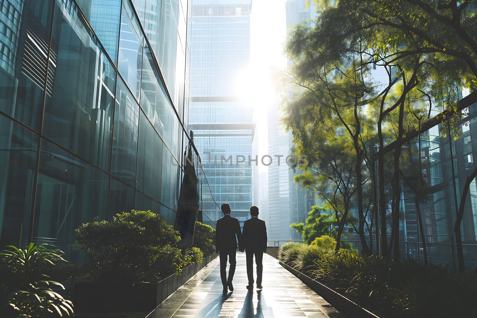 Close up abstract business background with businessmen navigating the cityscape, Interacting and collaborating. Neural network generated image. Not based on any actual person or scene.
