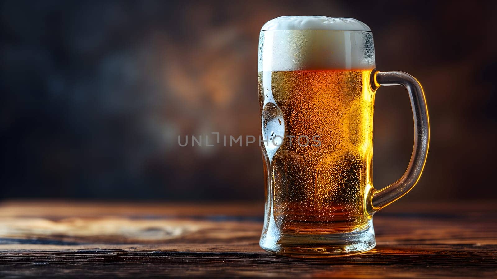 Cold mug with beer, with overflowing froth, on wooden table and dark background with copy space. Neural network generated image. Not based on any actual scene or pattern.