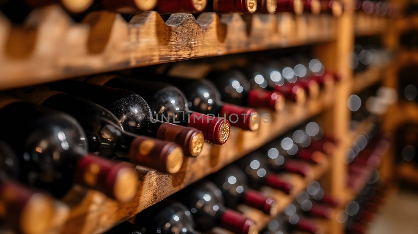 Wooden wine racks in a luxury cellar, closeup with selective focus. Neural network generated image. Not based on any actual scene or pattern.