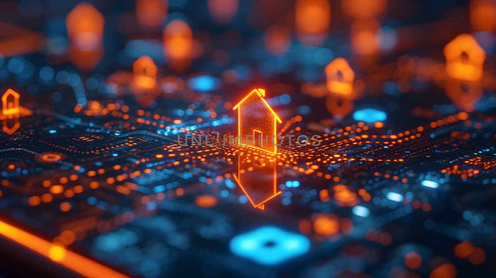 house hologram in futuristic digital background. Neural network generated image. Not based on any actual person or scene.