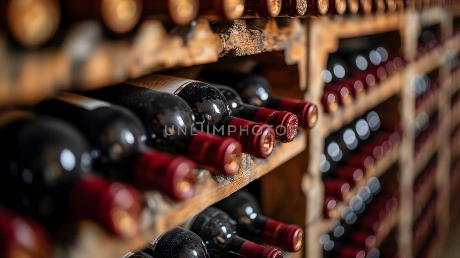 Wooden wine racks in a luxury cellar, closeup with selective focus. Neural network generated image. Not based on any actual scene or pattern.