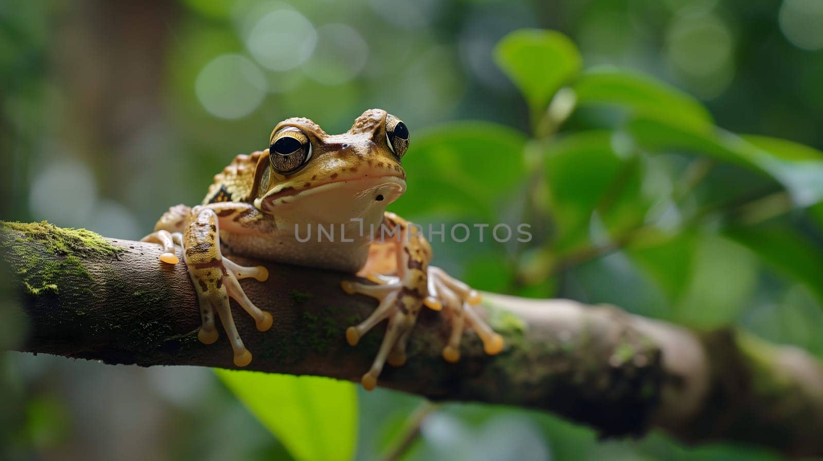 A frog resting on a tree branch in dense jungles. Neural network generated image. Not based on any actual scene or pattern.