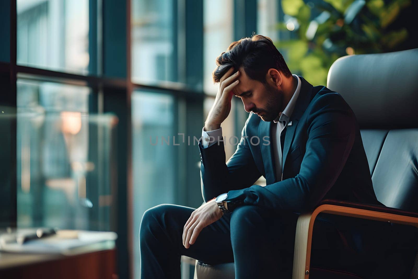 Businessman seated in his chair and thinking.. Neural network generated image. Not based on any actual person or scene.