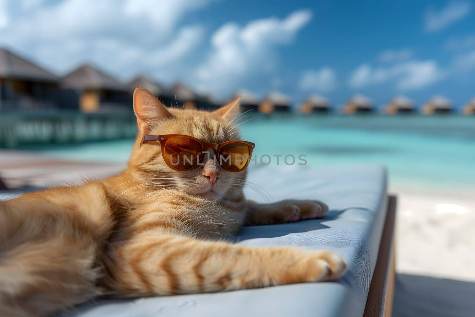 tabby cat with sunglasses laid on tropical beach, vacation theme. Neural network generated image. Not based on any actual person or scene.