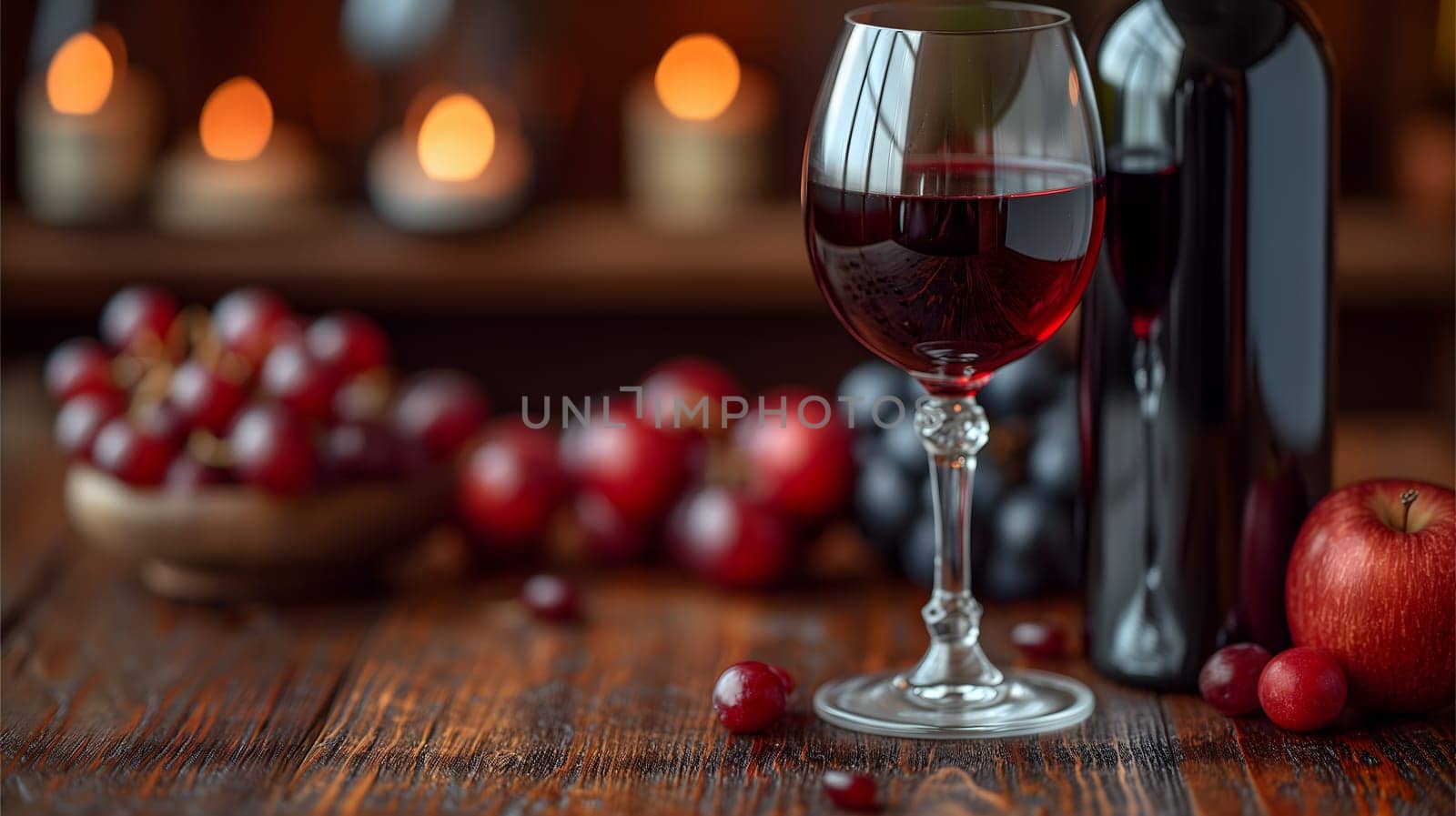 Glass with red wine and wine bottle on the right over a wooden table in the pub background with copy space. Neural network generated image. Not based on any actual scene or pattern.