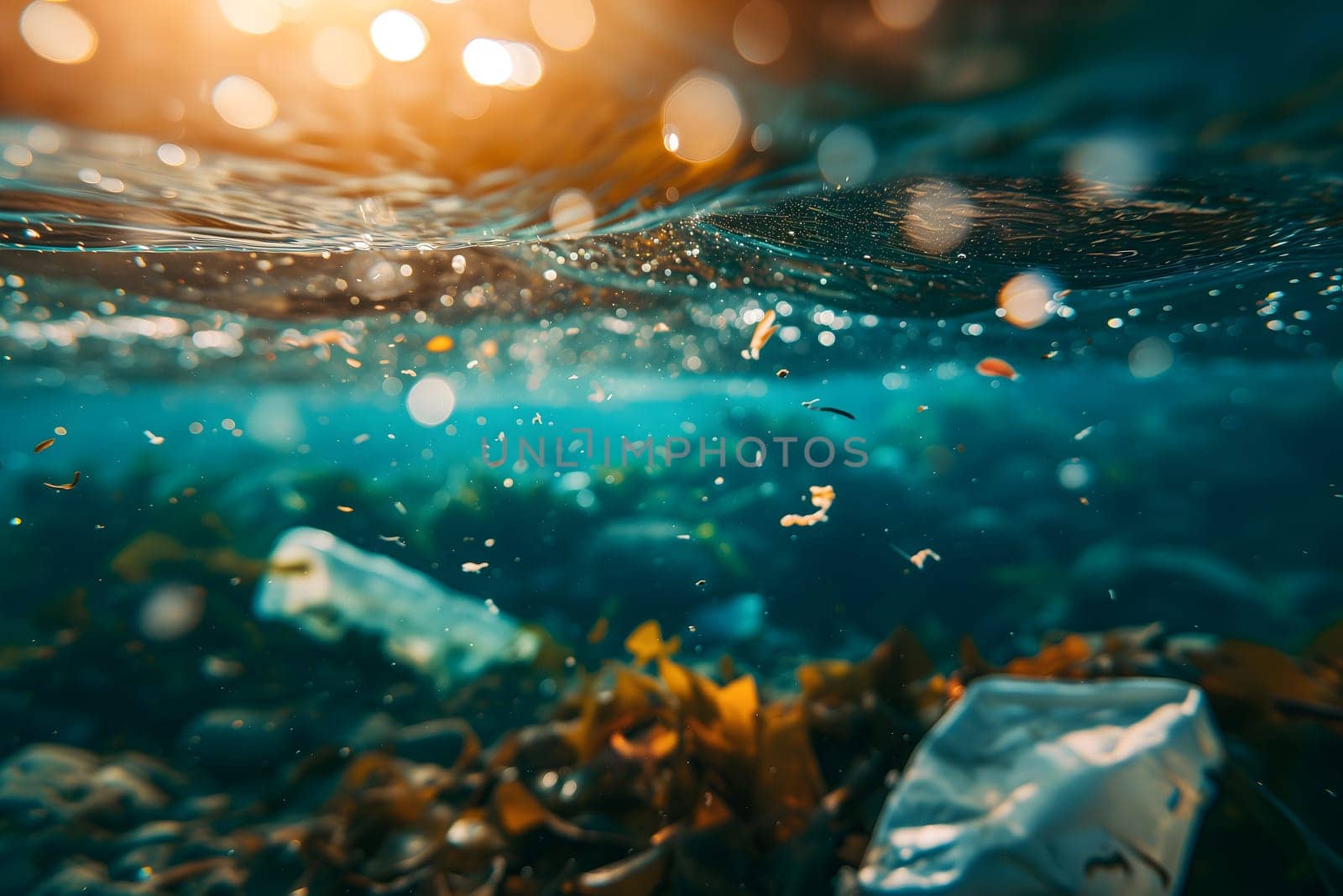 Plastic pollution in the ocean, garbage floating under water illuminated with sunlight. Neural network generated image. Not based on any actual scene or pattern.
