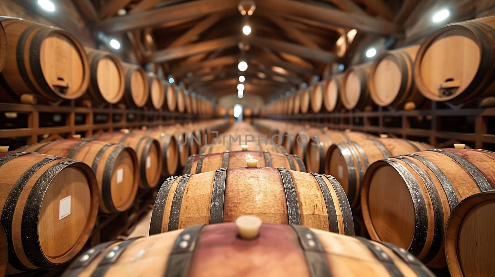 Wine barrels arranged neatly in the wine cellar. Neural network generated image. Not based on any actual scene or pattern.