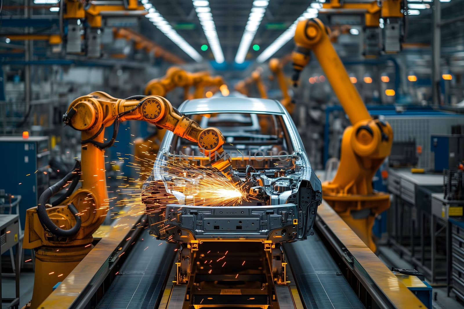 Robotic welding of car bodies at car manufacturing factory line. Neural network generated image. Not based on any actual scene or pattern.