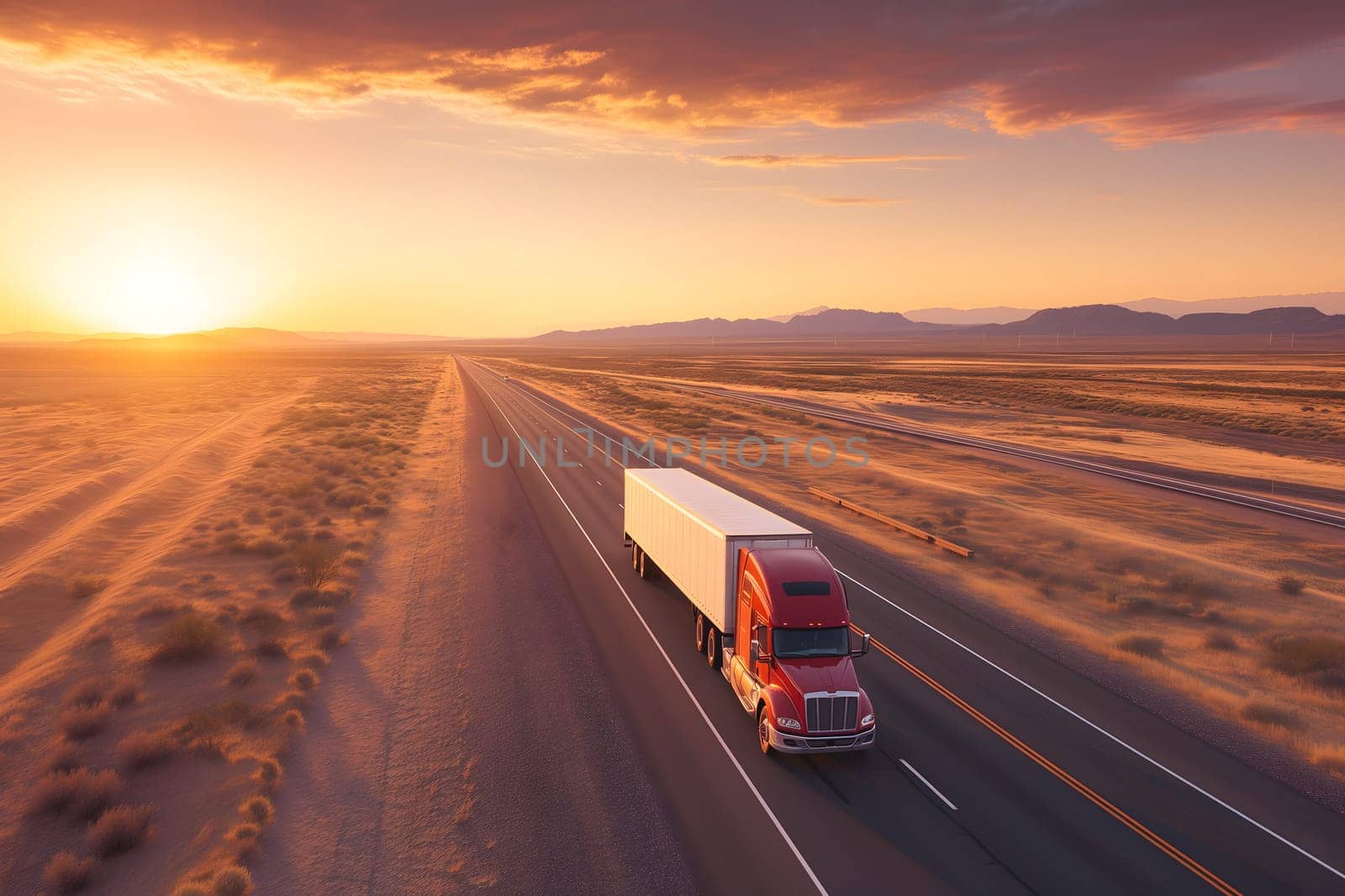 American long-nose semitruck on a highway. Neural network generated image. Not based on any actual scene or pattern.