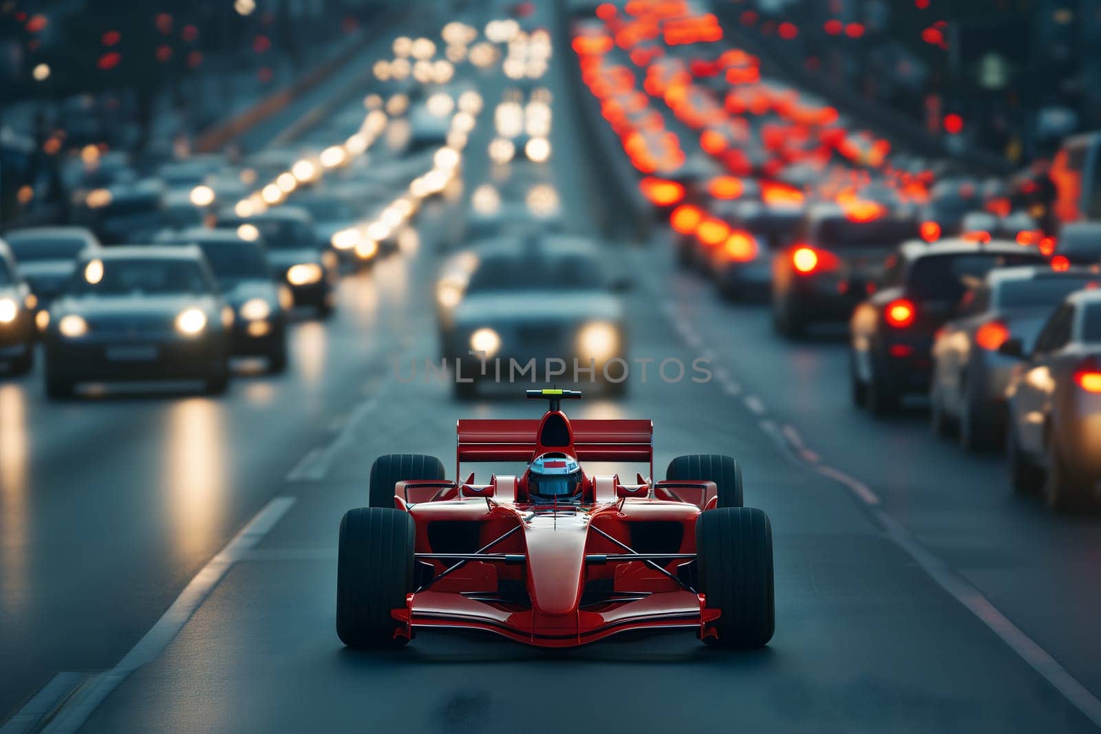 Formula 1 car stuck in traffic at the rush hour on the road of a capital city. Neural network generated image. Not based on any actual scene or pattern.