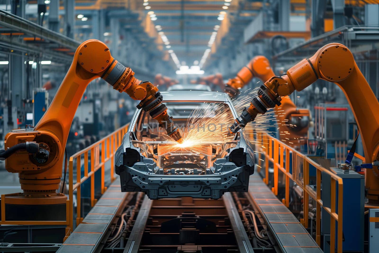 Robotic welding of car bodies at car manufacturing factory line. Neural network generated image. Not based on any actual scene or pattern.