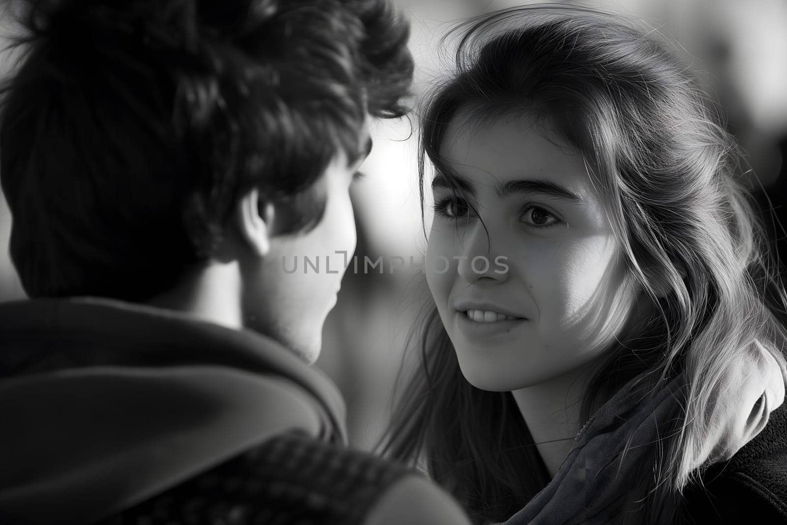 He is hitting on her. Heterosexual relationships concept. Neural network generated image. Not based on any actual scene or pattern.