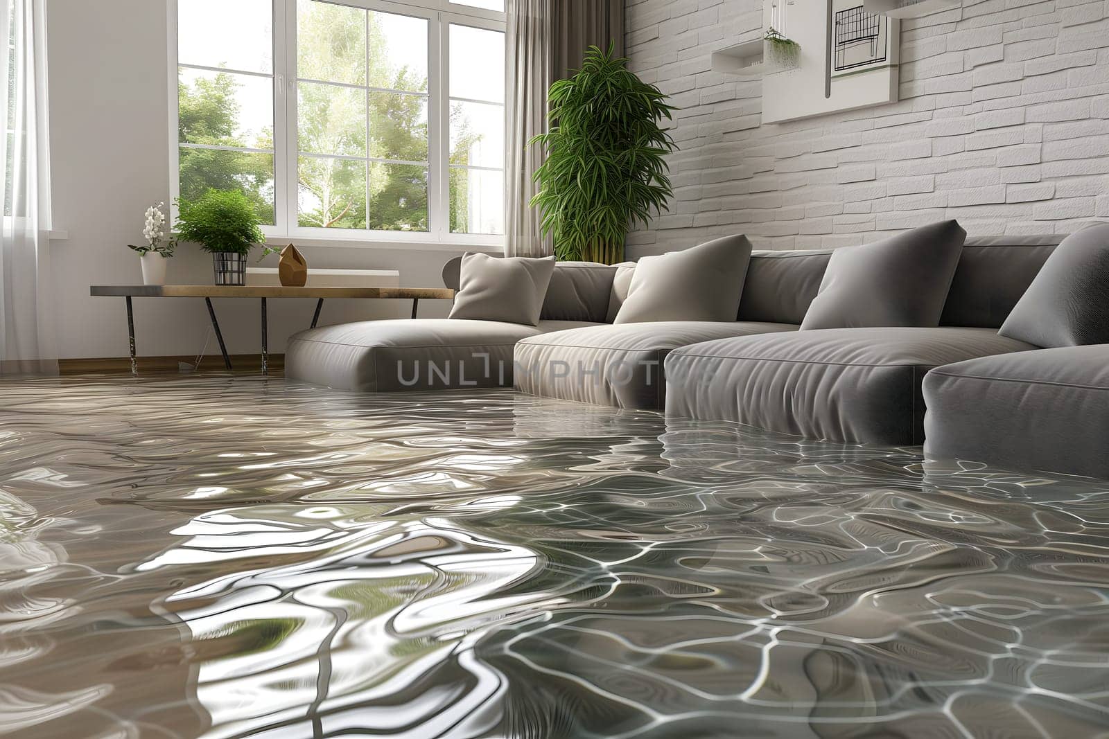 Home Floor Flooded, Showcasing Water Damage And Potential Issues. Neural network generated image. Not based on any actual scene or pattern.